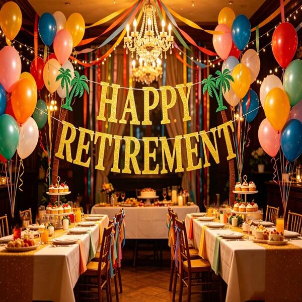 1 Set/Happy Retirement Banner Glitter Gold Letter HAPPY RETIREMENT Bunting/Retirement Party Atmosphere Decoration Supplies/With Coconut Tree Retirement Farewell Party Backdrop Hanging Decor/Retirement Vacation Theme Party Decoration
