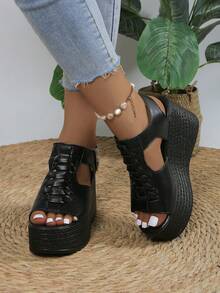 Wide Fit Peep Toe Wedge Heel Women's Sandals, Open Toe High Heel Shoes, Thick Sole Side Zipper Hollow Fashion Versatile Ladies Sandals - Black - View 5