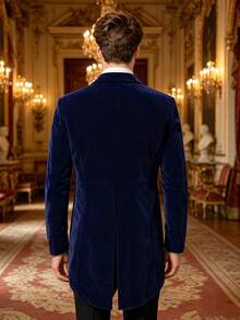 British Style Velvet Tailcoat Men's Slim Fit Satin Peak Lapel Double Breasted Evening Formal Jacket - Blue - View 2