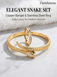Camhanno 2pcs Premium Snake-Shaped Bracelet And Ring, Stainless Steel And Copper Plated 18K Gold, Skin-Friendly, Anti-Allergic, Waterproof, Sweat-Resistant, Bath-, Exquisite Scale Texture Design Luxury Jewelry - Gold - View 1