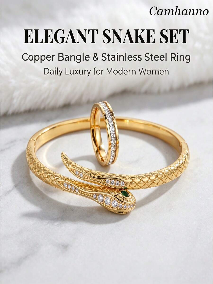 Camhanno 2pcs Premium Snake-Shaped Bracelet And Ring, Stainless Steel And Copper Plated 18K Gold, Skin-Friendly, Anti-Allergic, Waterproof, Sweat-Resistant, Bath-, Exquisite Scale Texture Design Luxury Jewelry - Gold - View 1