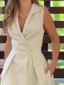 Sleeveless, Solid-Color Maxi Dress With V-Neck And Pleated Lapel, Elegant, New European And American Autumn 2026 Collection - 杏色 - 查看 2