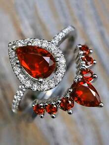 2pcs Set Elegant Cubic Zirconia Rings, Suitable For Women To Wear, Suitable For Wedding, Engagement, Anniversary Party, Valentine's Day Gift - Red - View 1