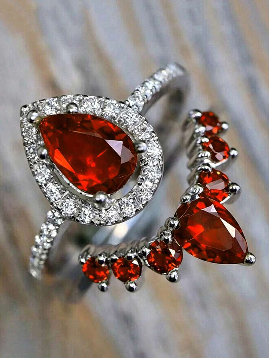 2pcs Set Elegant Cubic Zirconia Rings, Suitable For Women To Wear, Suitable For Wedding, Engagement, Anniversary Party, Valentine's Day Gift - Red - View 1