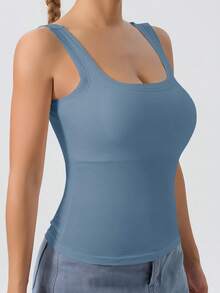 1pc Women's Ribbed Tank Top With Large U-Back, 2-In-1 Built-In Removable Padded Cups, Slim Fit Innerwear/Outerwear, Solid Color Casual Home Base Layer Top - Baby Blue - View 4