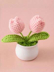 1pc Mini Handmade Crochet Tulip Tabletop Flower Pot, DIY Miniature Potted Plant, Perfect As Gift, Home, Office, Desk, Wedding, Birthday, Holiday, New Year Gift, Suitable For Men Or Women Home Decor, Back To School Room Decor And School Supplies - Pink - View 5