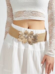 1pc Bohemian Summer Woven PP Straw Women's Waist Belt, Gold Flower Buckle Khaki Elastic Waist Belt, Boho Belt, Waist Trainer, Brown Belt, Belts For Women Dress, Accessories For Women, Match With Dresses, Casual Wear, Suitable For Vacation, Beach Party, Festival Gathering, Music Festival, Summer - Flower Buckle - View 1