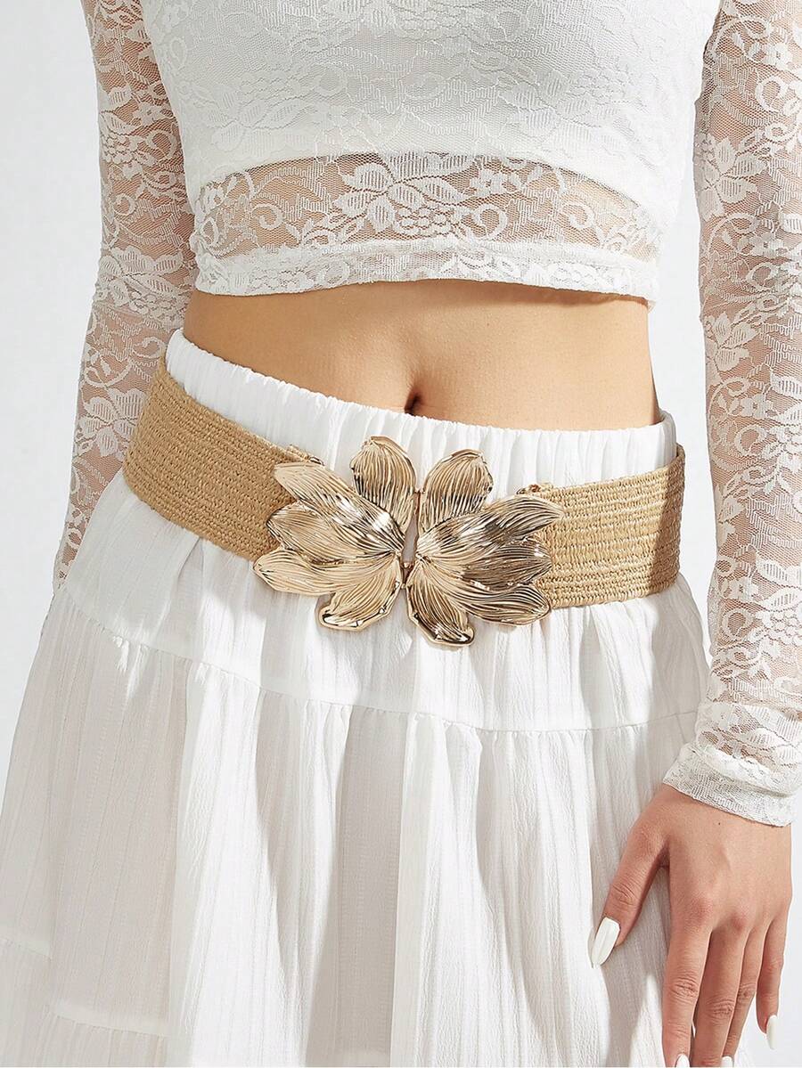 1pc Bohemian Summer Woven PP Straw Women's Waist Belt, Gold Flower Buckle Khaki Elastic Waist Belt, Boho Belt, Waist Trainer, Brown Belt, Belts For Women Dress, Accessories For Women, Match With Dresses, Casual Wear, Suitable For Vacation, Beach Party, Festival Gathering, Music Festival, Summer - Flower Buckle - View 1