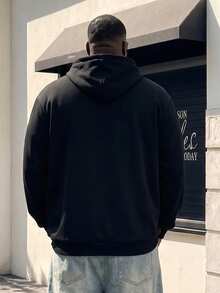 Sudadera con capucha de talla grande de unicolor, corte holgado con bolsillo canguro y cordón, top casual versátil tipo pullover - Negro - Ver 2