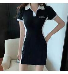 Vestido de Verano 2026 para Mujer, Cuello Polo, Elegante, Colorblock, Manga Corta, Ajustado, Midi, Casual, Tipo Camiseta - Negro - Ver 3
