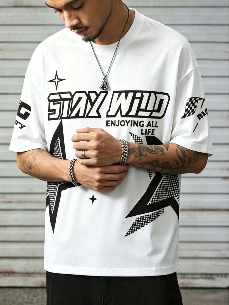 Men's Loose Casual Short Sleeve T-Shirt With Black & White Racing Element - Multicolor - View 1