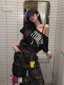 女款美式風不對稱領口露肩短袖T恤，夏季修身設計復古上衣休閒黑色 - 黑色 - 查看 1