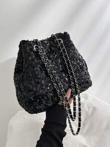 Glossy Chain Decor Tote Bag, Shoulder & Underarm Dual Use, Versatile Party & Date Night Atmosphere Small Bag - Black - View 11