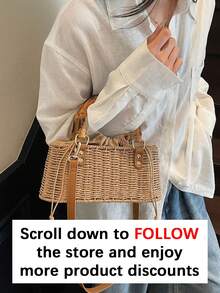 Minimalist Solid Color Straw Woven Bag, Niche Design Premium Texture Handbag, Versatile Popular Retro Crossbody Bag, Suitable For Vacation - Khaki - View 4