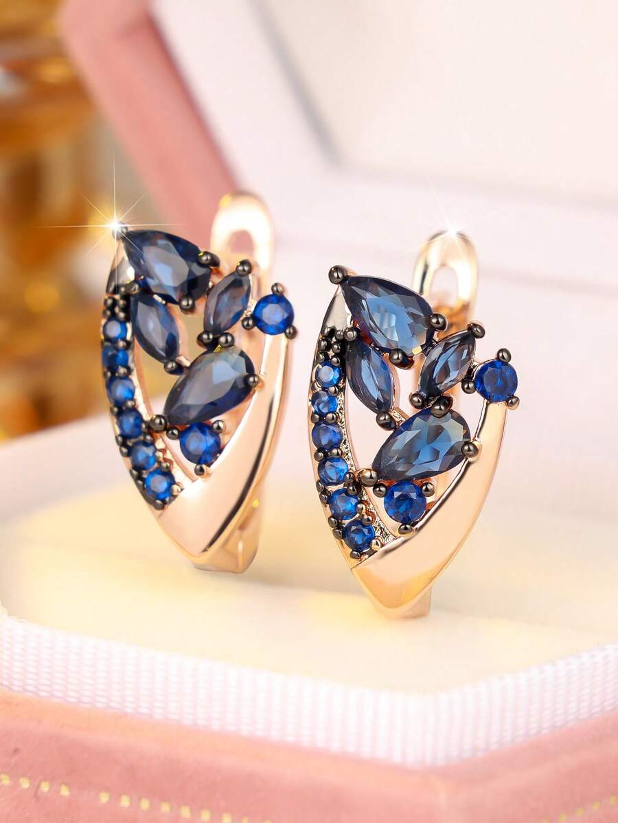 Boucles d'oreilles vintage plaquées or avec strass bleus, boucles d'oreilles créoles en forme de feuille avec coupe en goutte, bijoux hypoallergéniques à clip pour femmes, cadeau d'anniversaire - Bleu azur - Voir 1