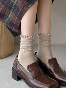 3/6 Pairs Japanese Sweet Minimalist British Academy Style Maillard Color Frill Trimmed Ruffle Lace Mid-Calf Socks - Multicolor - View 4