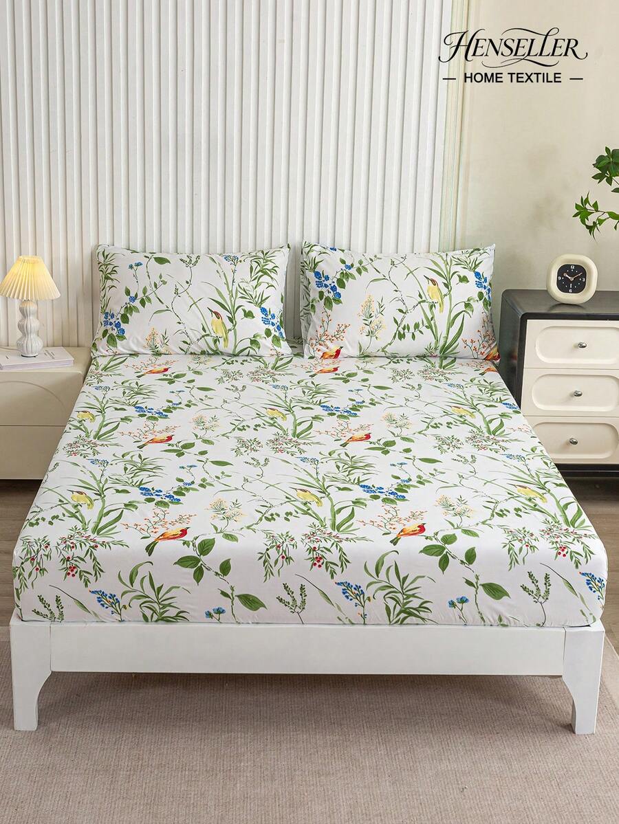1 pièce Drap-housse à motif floral d'oiseau botanique, literie douce et respirante pour toutes les saisons, couvre-lit confortable inspiré de la nature, ensemble de literie facile d'entretien convenant aux tailles King/Queen/Full/Twin. Convient pour la maison, le dortoir, l'appartement & en cadeau - Multicolore - Voir 1