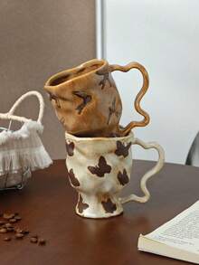 1pc Vintage Kiln-Glazed Handmade Ceramic Mug | Unique Wavy Handle & Butterfly, Swallow Texture | Home, Office, Coffee Time Essential - Multicolor - View 1