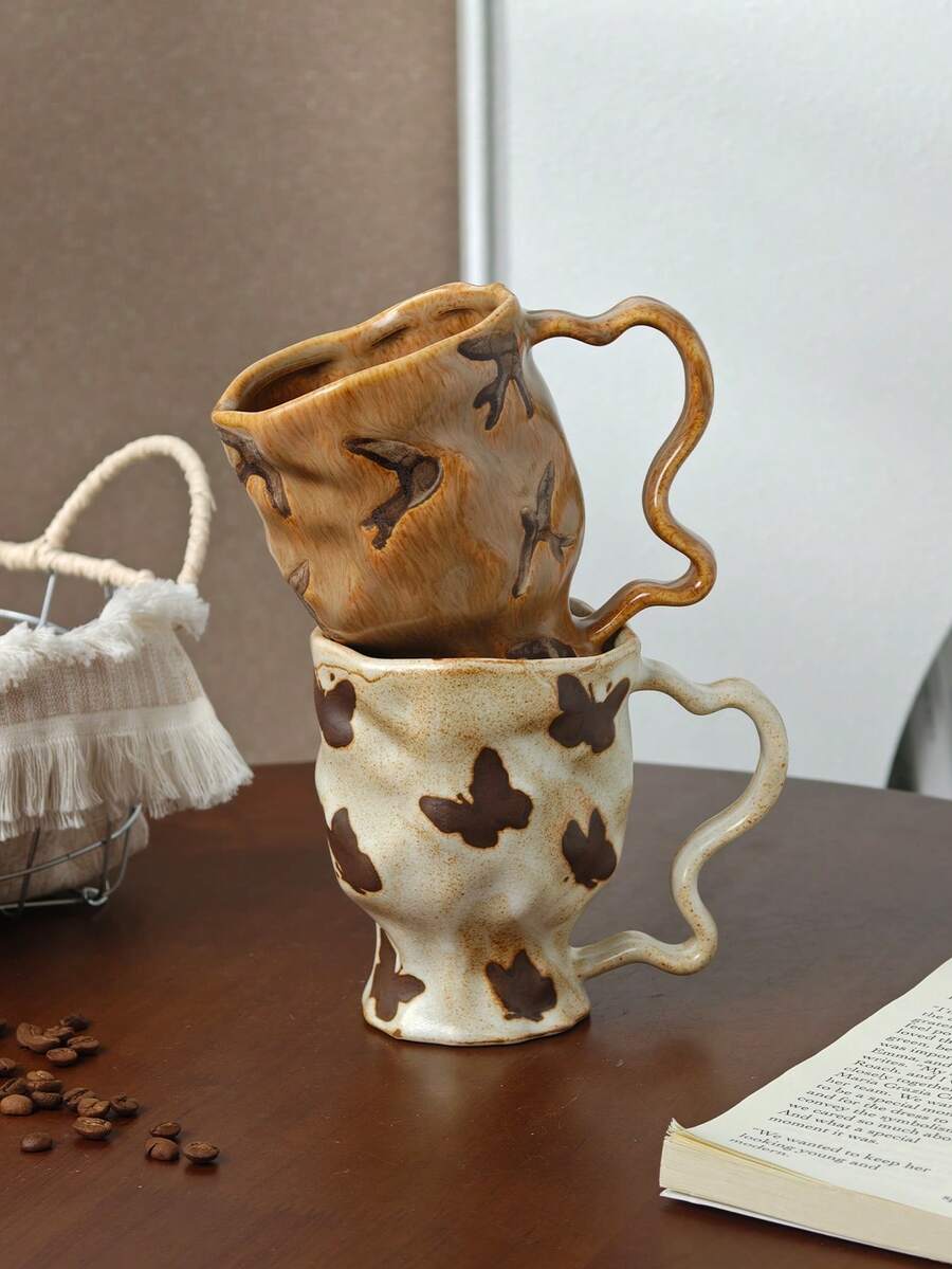 1pc Vintage Kiln-Glazed Handmade Ceramic Mug | Unique Wavy Handle & Butterfly, Swallow Texture | Home, Office, Coffee Time Essential - Multicolor - View 1