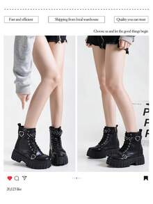 Alan Vincent[Local Delivery][Quick Arrival]New Classic Women's Black Mid-Calf Boots With Love Decoration Lace-Up And Zipper Thick Sole Boots - 黑色 - 查看 5