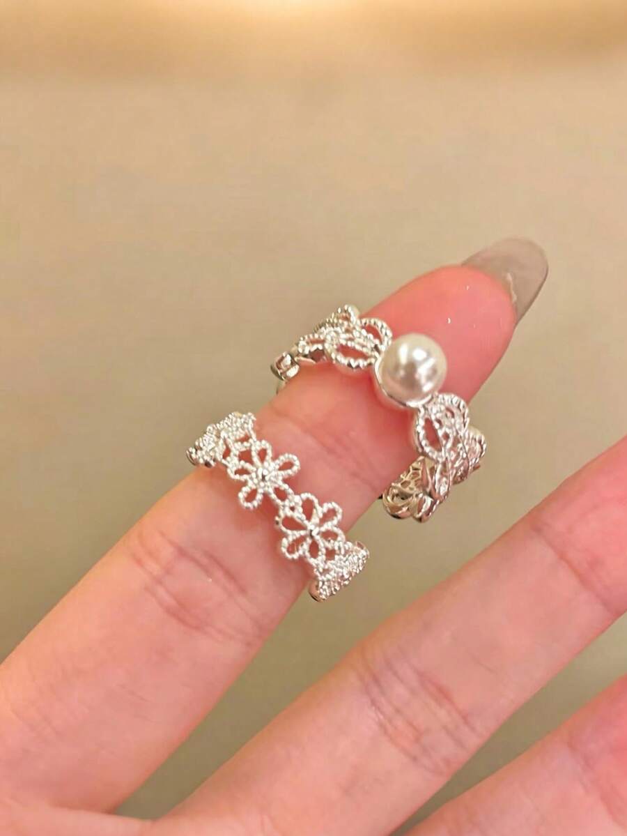 2pcs Pearl Lace Edged Open Ring Set, Minimalist Hollow Design Rings, Suitable For Women's Daily Wear And Parties, Elegant Gift For Family And Friends - Silver - View 1