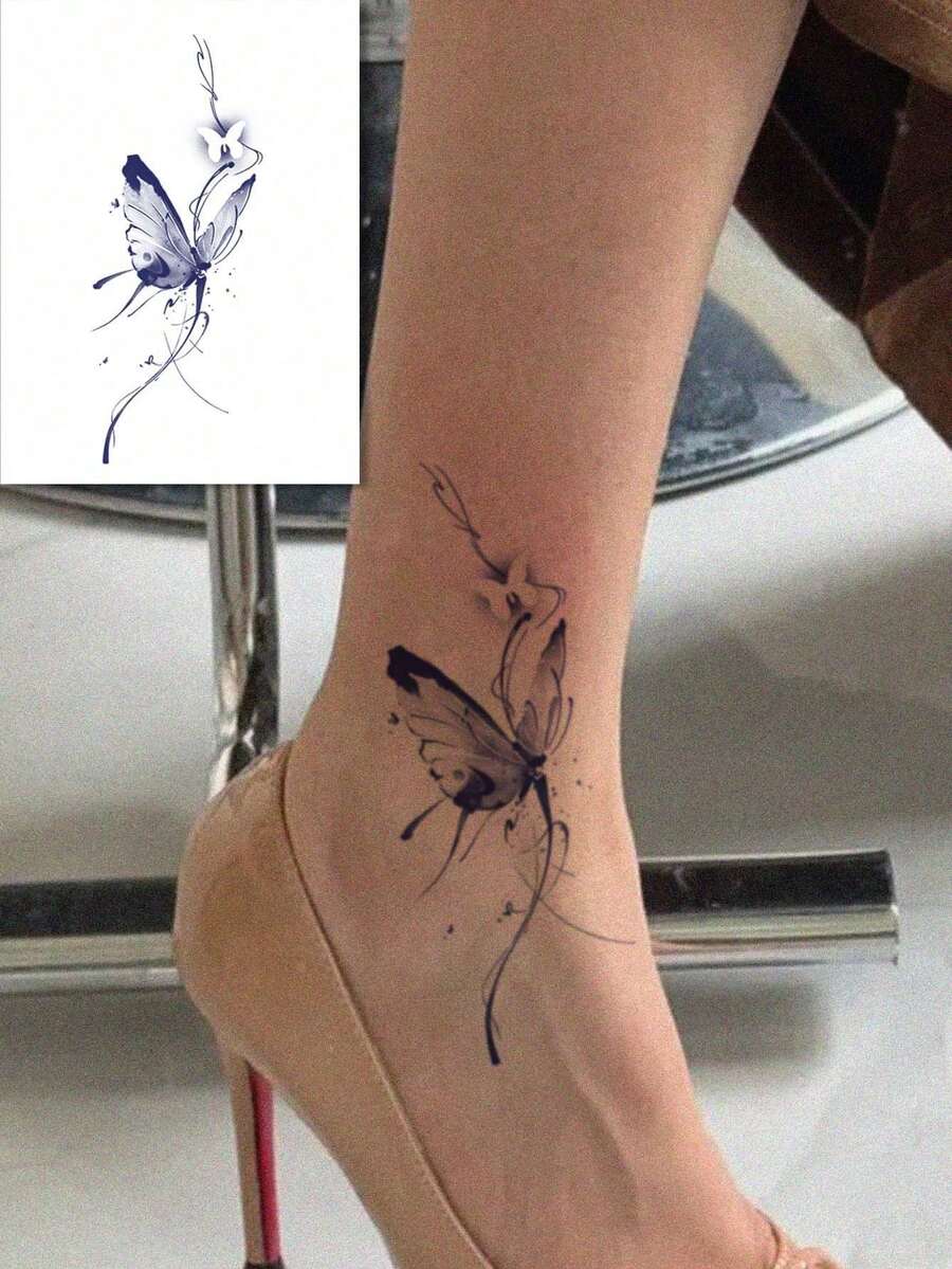 2Pcs Sketch Temporary Tattoos Decorated With Butterflies And Roses. Non-Reflective With Lifelike Visual Effect. Designed For Arms, Back And Spine. Great For Daily Use, Can Stay On For 7-15 Days. - Black - View 1
