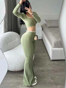 Conjunto de pantalones acampanados de cintura baja elástica y sexy, cómodos y elegantes para la primavera - Verde - Ver 1