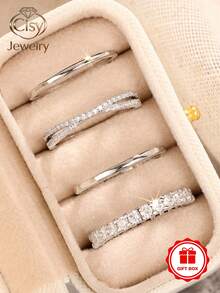 4pcs Set Elegant Cubic Zirconia Stone Rings With Gift Box, Suitable For Women, Applicable For Wedding, Engagement, Anniversary Party, Jewelry Valentine's Day Gift And More - 1# - View 1