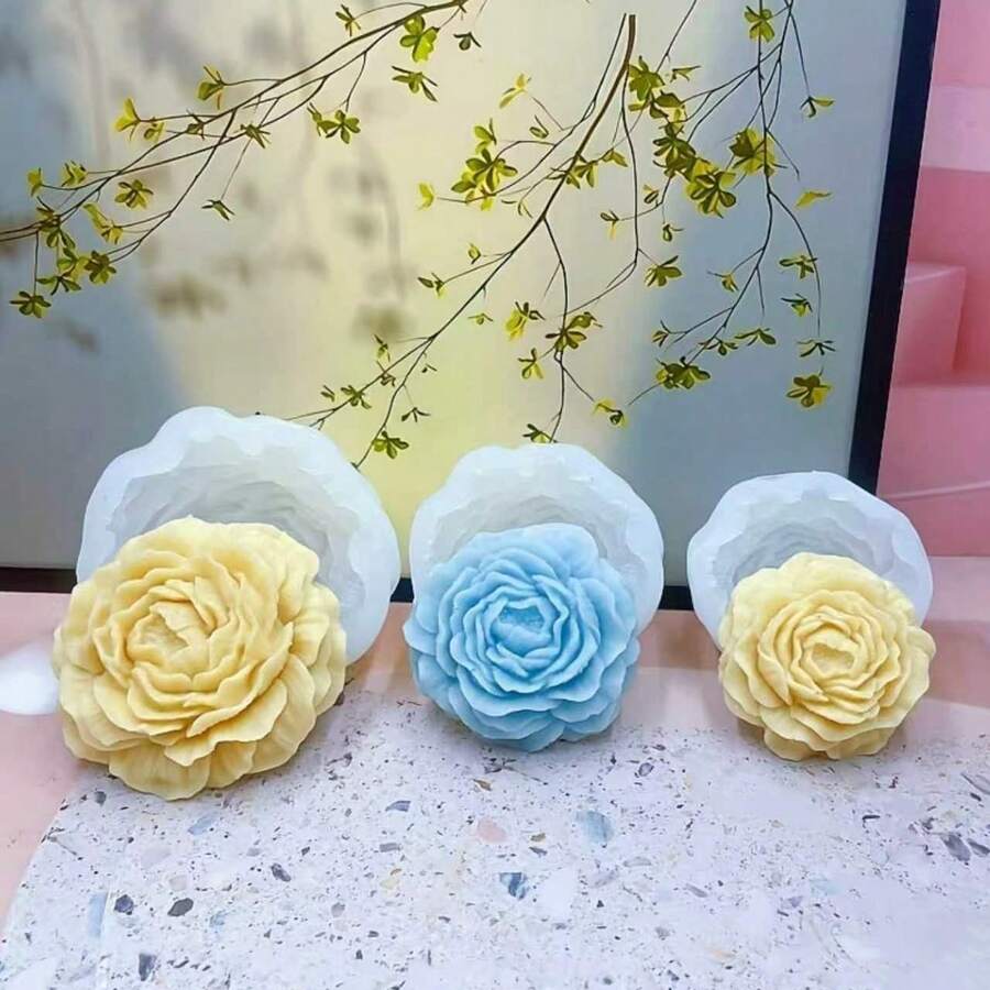 Molde de silicona para vela con flor de peonía, molde de silicona para adorno de resina y yeso aromático con peonía floral realista, disponible en 3 tamaños grande, mediano y pequeño, reutilizable, resistente al calor, fácil de desmoldar, adecuado como regalo festivo o decoración del hogar - A-blanco - Ver 1