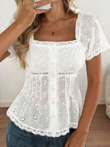 Casual Elegant Charming Fashion Embroidered Floral Trim Short Sleeve Blouse, Versatile For Leisure, Vacation And Commute, Women White Summer - White - View 1