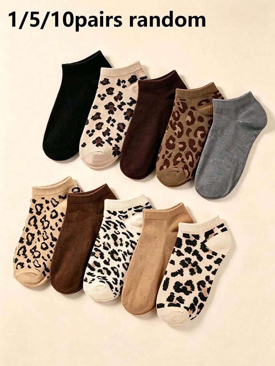 1/5/10 Pairs Random Women's Leopard Print Boat Socks, Fashionable Soft Animal Pattern Crew Socks, Suitable For Daily Wear, Back To School, Running, Hiking, Training Socks, All Seasons - Multicolor - View 1