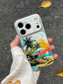 創意可愛夏季小眾落日海灘椰子樹貓咪手機殼 - 適用於 Apple 17 Pro Max Air 16 15 14 13 12 11 Pro Max Plus 14/15/16pro 小眾 17pm 大窗亮面手機保護套 - 彩色 - View 3