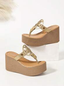 Platform Wedge Sandals, Ladies' Strappy Flip Flops, High Heel Summer Shoes - Gold - View 2
