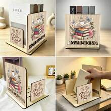 Wooden Bookends Coffee Floral Print Desktop Storage Rack Natural Wood Aesthetic Book Stand Compact Home Book Organizer Gift For Book Lovers - Champagne - View 3