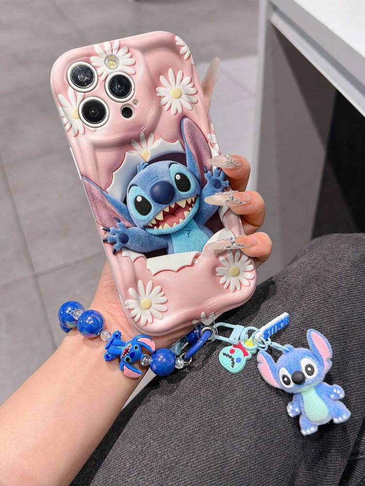 Disney Has Authorized, Phone Case - Chain Set, The Stitch Lilo & Stitch 3D Phone Case Plus A Silicone 3D Stitch Bracelet With Metallic Ring Removable Bracelet, Stitch And Angel Pattern, Compatible With Iphone17/16/15/14/13/12/44/XS/XR/X Plus Pro Max, A Stylish Cartoon Phone Case, The Perfect Gift Choice, Phone Protection, Durable Phone Cover, Great Gift For Friends And Family. - 白色 - 查看 1