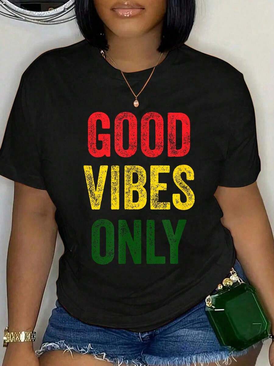 Women's Summer Short Sleeve T-Shirt, Plus Size, Y2K Style, 100% Cotton, Reggae, Good Vibes Only Jamaica One Love Rast A, For Women And Men, Loose Fit, Comfortable And Soft - 黑色 9 - 查看 1