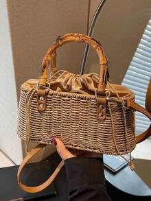 Minimalist Solid Color Straw Woven Bag, Niche Design Premium Texture Handbag, Versatile Popular Retro Crossbody Bag, Suitable For Vacation - Khaki - View 8