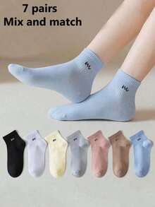 1/4/7/9/14 Pairs (Random Mixed Colors) Women's Minimalist Solid Color Versatile Letter Print Short Socks/Mid-Calf Socks, Suitable For Daily Wear And Outfits - Multicolor - View 8