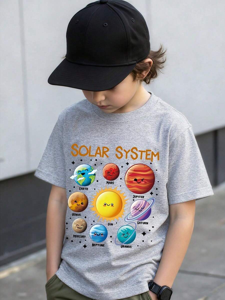 Camiseta de manga corta para niño con estampado de letras simples y planetas de dibujos animados, adecuada para primavera/verano. - Gris - Ver 1