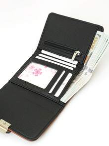 Billetera corta plegable de tres partes con bloques de color para mujer, billetera multifuncional de una pieza de PU suave con gran capacidad de almacenamiento de identificación, compacta y ligera, empaque en caja de regalo adecuado para regalos de vacaciones - Negro - Ver 5