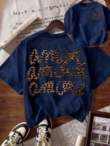 Women's Casual Short Sleeve Crew Neck T-Shirt With Leopard Print "More Love", Autumn, Back To School, Summer Clothing - 海軍藍 - 查看 1