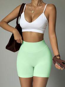 High Waist Slimming Shorts, Hidden Lift Skinny Pants, Curved Cycling Shorts, Spring/Summer - Green - View 4