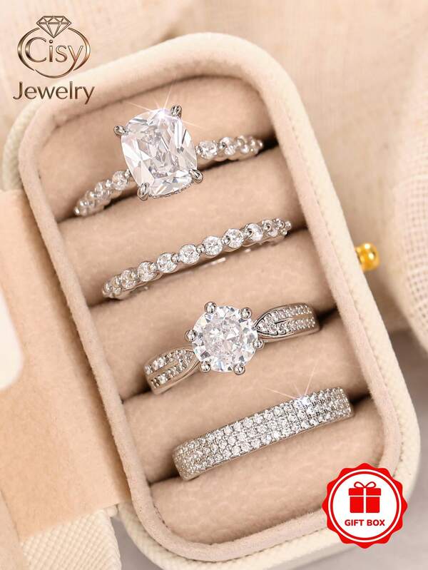 4pcs/Set Fashionable Cubic Zirconia Stone Rings With Gift Box, Suitable For Women, Applicable For Wedding, Engagement, Anniversary Party, Jewelry Valentine's Day Gift And More