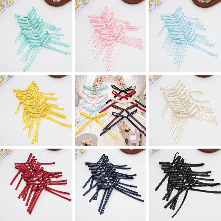 10/20/50pcs Double-Sided Silver Edge Ribbon Bows, Suitable For Flower Gift Wrapping, Baking Cake & Cookie Packaging, DIY Accessories Ribbon Bows, Handmade Sewing Satin Ribbon Accessories, Craft Decoration Satin Ribbon