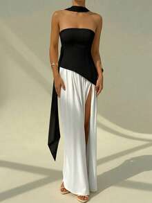 Vestido de novia sin tirantes con detalle de bolero elegante en unicolor - Blanco y Negro - Ver 7