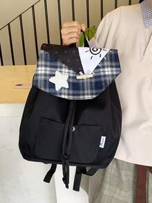 Dedoo 女款拼接格紋波點翻蓋後背包，棉混紡絨毛星星裝飾，休閒大容量學生日常包 - 彩色 - 查看 9