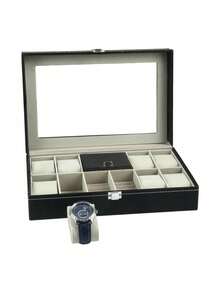 1pc Black Faux Leather Watch Box With Glass Lid, Metal Lock Dust-Proof Watch Storage Box, Unisex Desktop Jewelry Display Box, Perfect Gift Choice - Multicolor - View 7