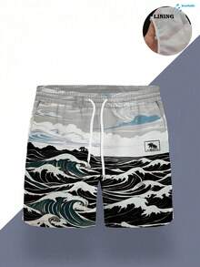 復古浮世繪波浪印花男士內襯泳褲，透氣抗皺彈性抽繩沙灘短褲 - 彩色 - 查看 3