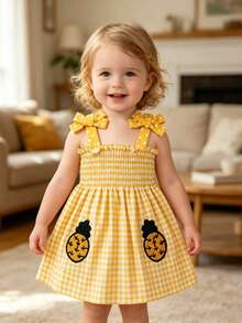 4pcs/Set Baby Girls' Camisole Strap Dress Outfit, Plaid, Fruit, Polka Dot Pattern, Suitable For Summer Outings And Vacations, The Best Gift For Granddaughter - Multicolor - View 4