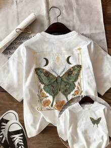 Retro-Colored Butterfly Pattern Front And Back Print Women'S Round Neck Short-Sleeved T-Shirt Spring And Summer Casual Loose Commuting Top Suitable Fo - 白色 - 查看 1